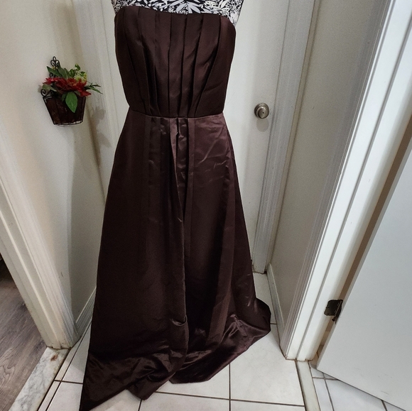 Calvin klein chocolate brown strapless pleated front ball gown xl gala … - Picture 2 of 12